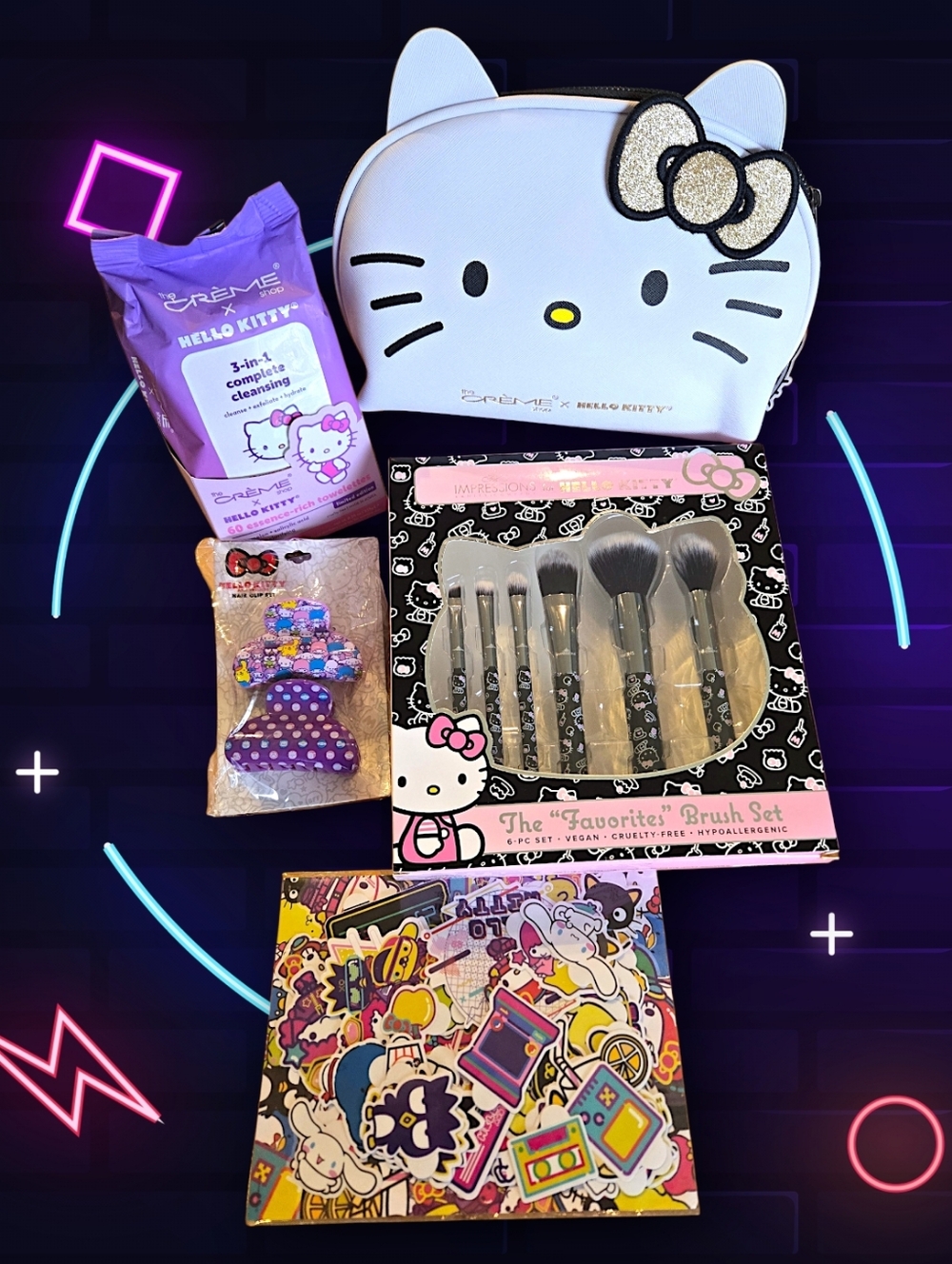 🎁Hello Kitty Golden Bow Gift Set: Makeup Bag, Brushes, Wipes, Clips, Stickers
